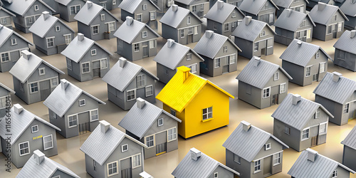 A bright yellow house distinguishes itself in a densely packed suburban neighborhood filled with gray residences. The arrangement accentuates the individuality of the yellow structure