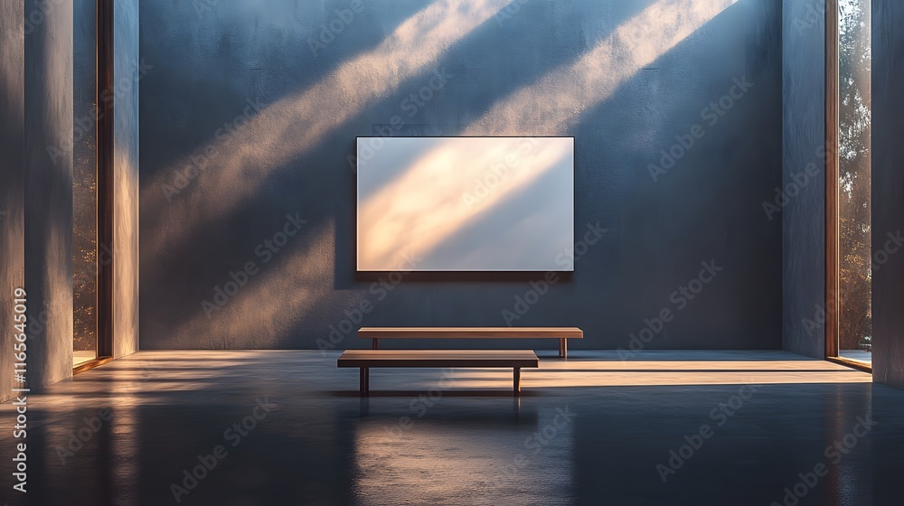 Fototapeta premium Minimalist art gallery interior with an illuminated white canvas and a wooden bench. Polished concrete floors and dramatic spotlighting create a clean modern exhibition space with shadow play.