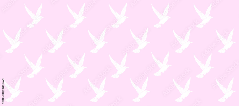 Pink pattern with white silhouette of birds flight background Pink pattern with white silhouette of birds flight background