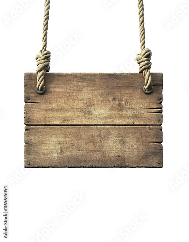Wooden sign hanging on a rope, Clipart Style, isolated on transparent background