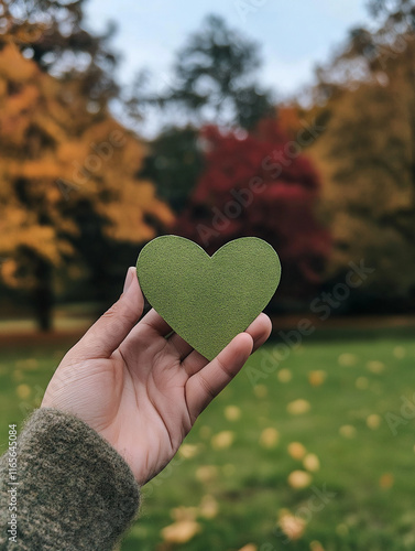 Herz aus grünem Papier in einer herbstlichen Umgebung festgehalten

 photo