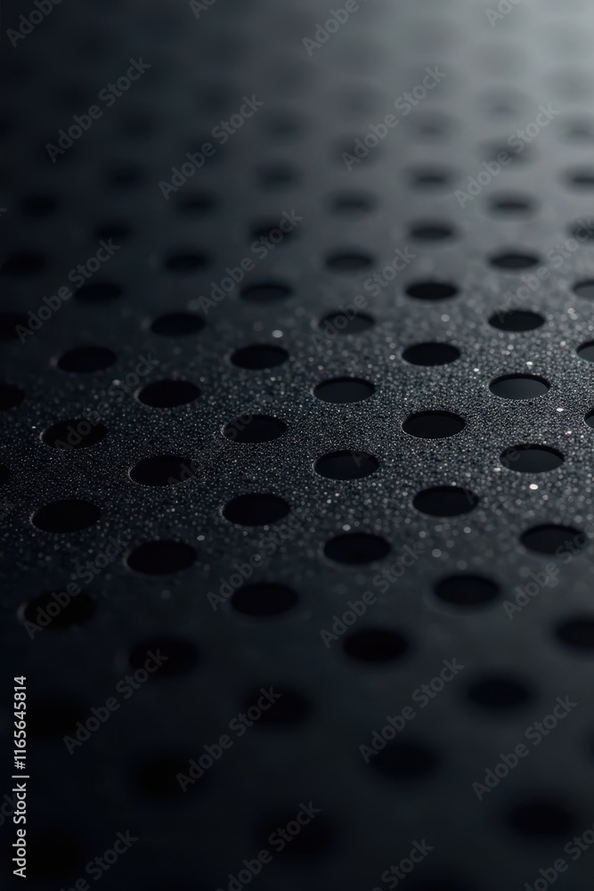 Close-up black perforated sheet, geometric holes, texture, design, abstract Close-up black perforated sheet, geometric holes, texture, design, abstract