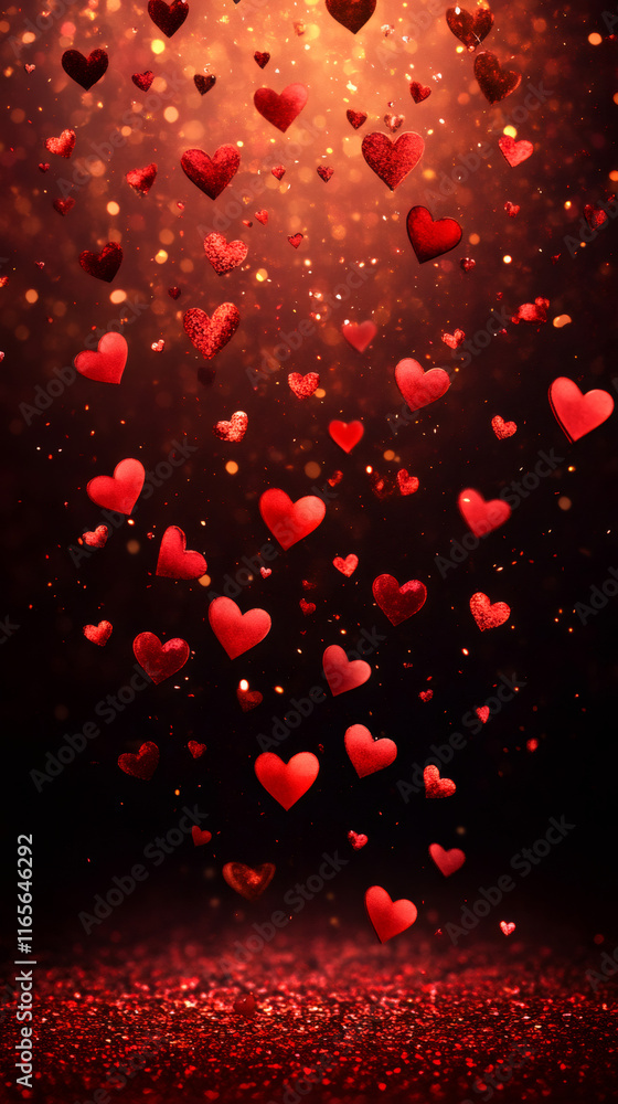 Glittering crimson hearts descending against shimmering scarlet surface, evoking romantic holiday mood Glittering crimson hearts descending against shimmering scarlet surface, evoking romantic holiday mood