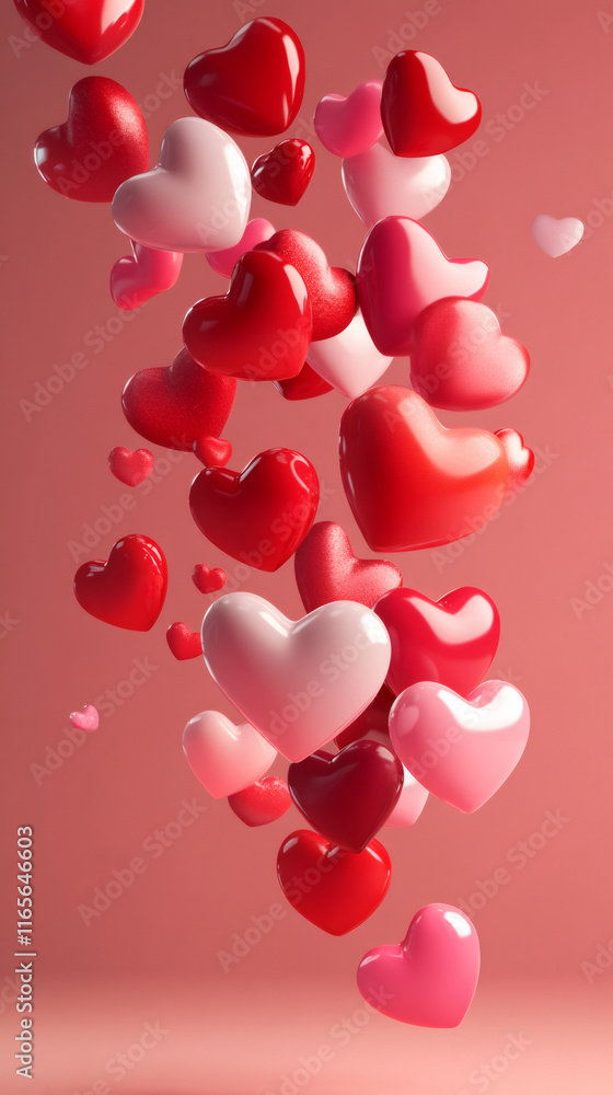 Red and pink glossy hearts falling on a pink background, creating a romantic atmosphere for Valentine's Day Red and pink glossy hearts falling on a pink background, creating a romantic atmosphere for Valentine's Day