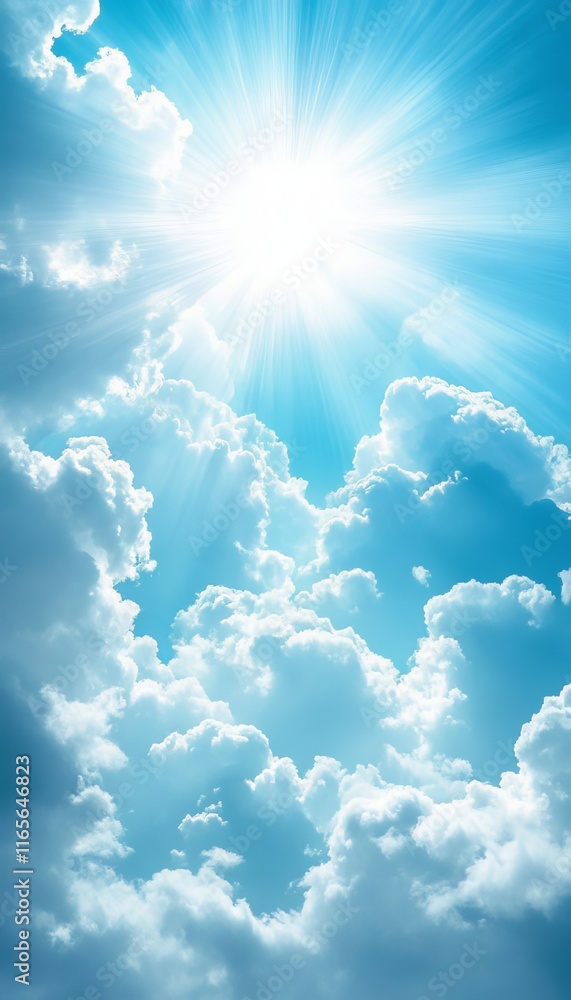Heavenly Backdrop Bright Blue Sky with Fluffy White Clouds and Sun Rays, Perfect for Text or Design Heavenly Backdrop Bright Blue Sky with Fluffy White Clouds and Sun Rays, Perfect for Text or Design