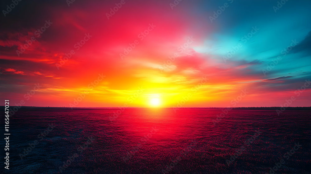 Obraz premium Vibrant sunset over a flat landscape, showcasing a fiery sky with intense colors.