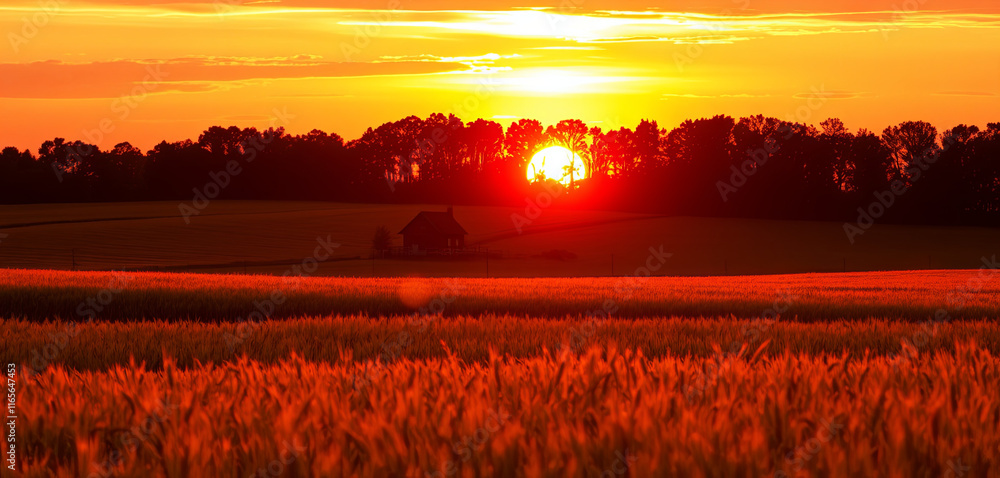 Obraz premium A vibrant sunset casts a warm glow over expansive golden fields, while trees create a dark silhouette against the colorful sky. A cozy home is nestled in the landscape, adding charm
