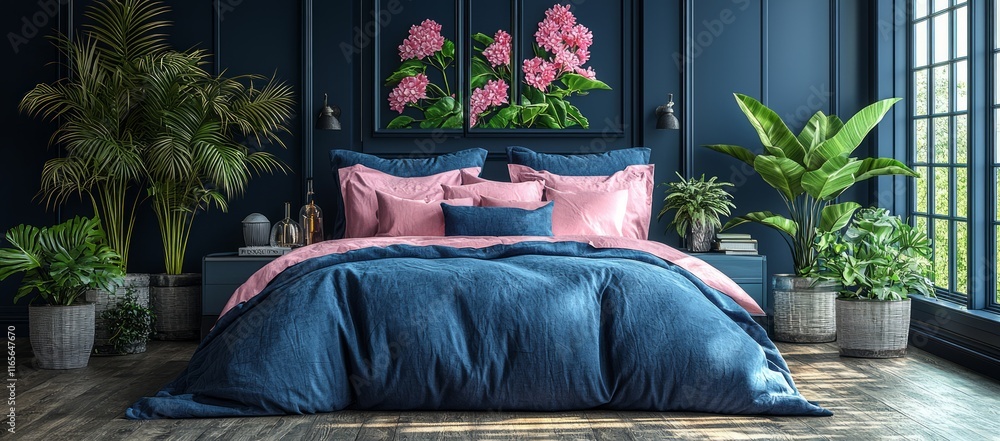 Elegant bedroom interior design with blue bedding, pink pillows, and lush plants.