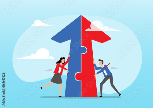 business people push arrow jigsaw to join to success