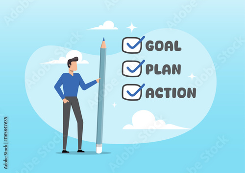 businessman holding pencil with Goal, Action, Plan checklist