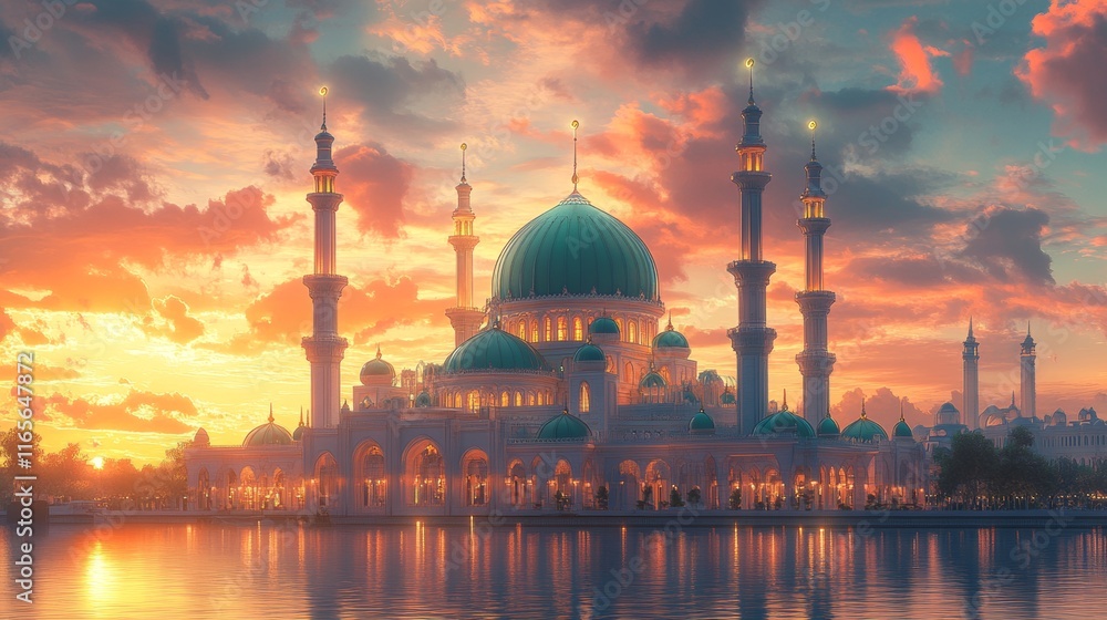 Obraz premium Serene Mosque Sunset Illustration