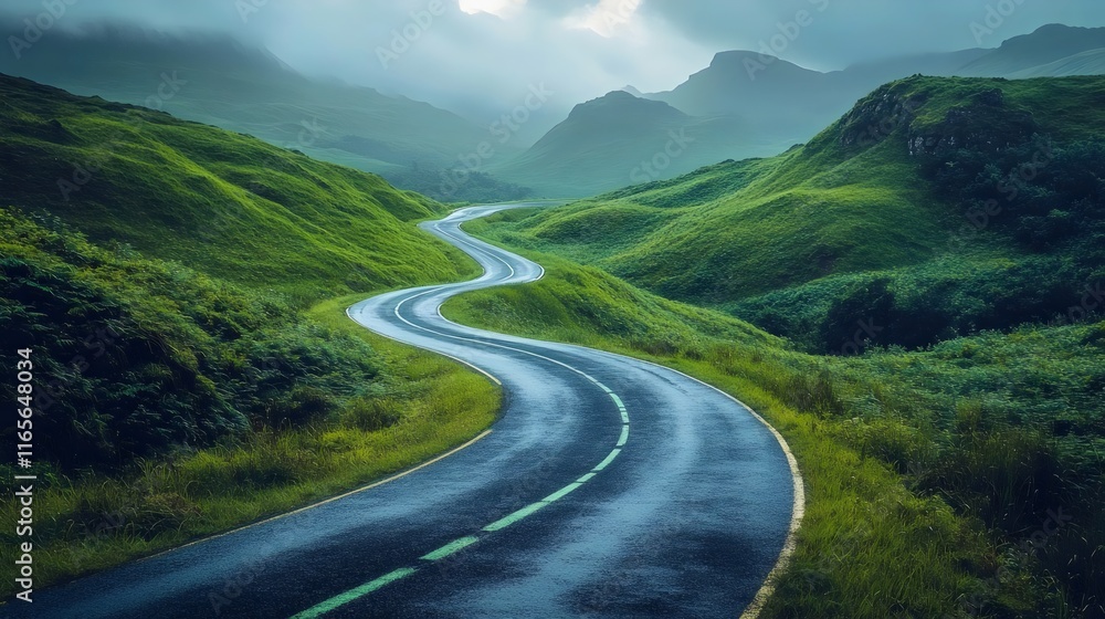 A winding road in the middle of a lush green valley A winding road in the middle of a lush green valley