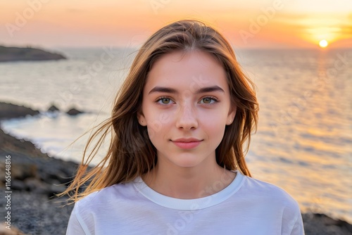 Portrait of a young woman against a vibrant backdrop of the sea at sunset