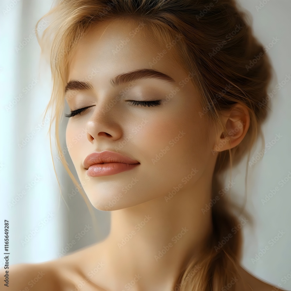 Naklejka premium A woman with long brown hair and a pale face is looking at the camera
