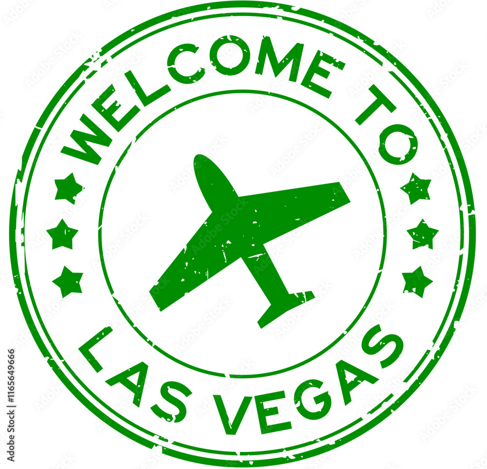 Grunge green welcome to las vegas with airplane icon round rubber seal stamp on white background Grunge green welcome to las vegas with airplane icon round rubber seal stamp on white background