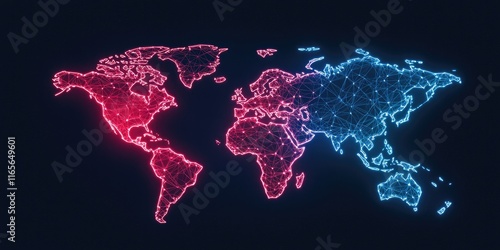 Fototapeta Naklejka Na Ścianę i Meble -  A digital world map illuminated in red and blue, showcasing global connectivity and modern technology against a dark background.