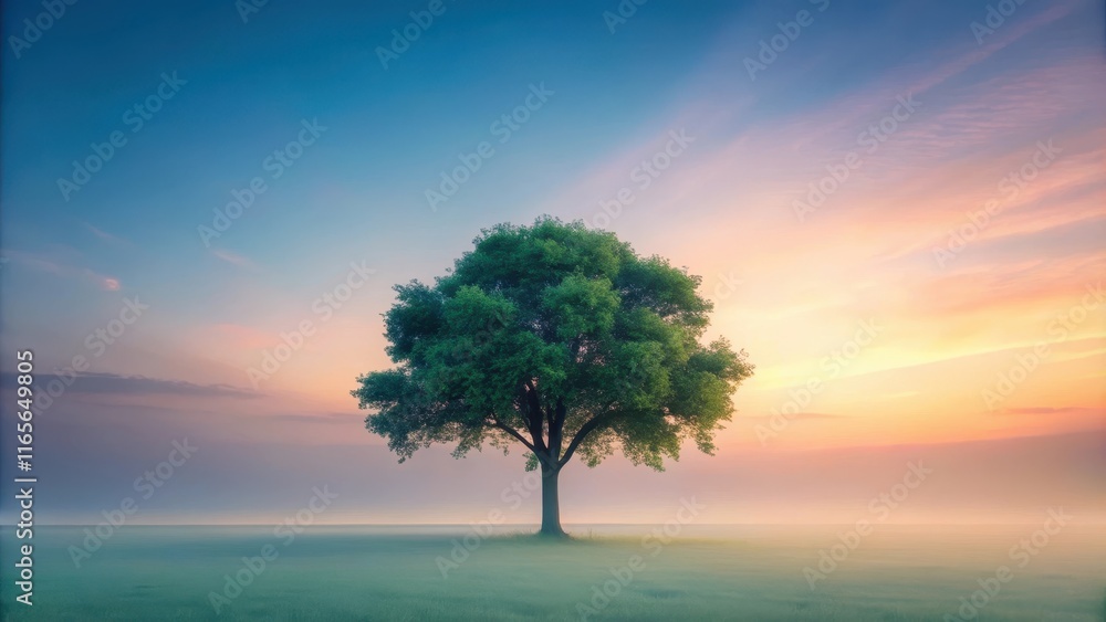 Obraz premium Solitary Tree in a Misty Field at Sunrise, a Serene and Peaceful Landscape