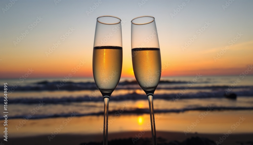 Two champagne glasses sparkle in the glowing light of a serene beach sunset, evoking romance, relaxation, and celebration.
Two champagne glasses sparkle in the glowing light of a serene beach sunset, evoking romance, relaxation, and celebration.
