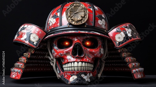 Red skull in samurai helmet. (1) photo