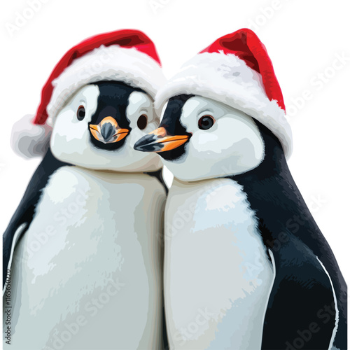 Cute Penguins wearing Santa Claus hat standing on white background flat design vector illustration