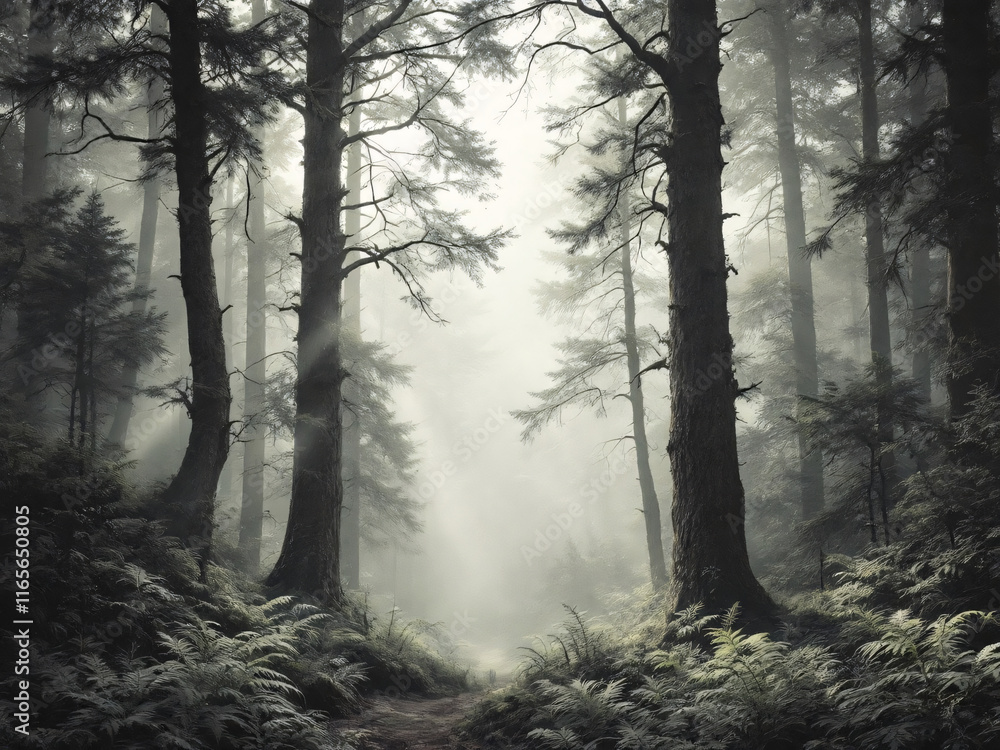 Fototapeta premium Misty forest scene with tall trees fading into a thick, ethereal fog, creating a serene atmosphere.