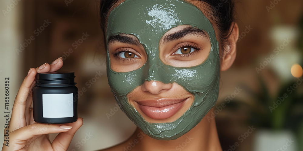 A portrait of a beautiful Moroccan woman with almond-shaped eyes and a warm smile, wearing a smooth green clay facial mask, holding a small jar. Relaxed and joyful expression, soft lighting A portrait of a beautiful Moroccan woman with almond-shaped eyes and a warm smile, wearing a smooth green clay facial mask, holding a small jar. Relaxed and joyful expression, soft lighting