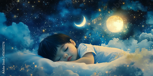 Adorable sleeping baby under a starry sky with a bright moon, peaceful and serene night atmosphere captured in detail.