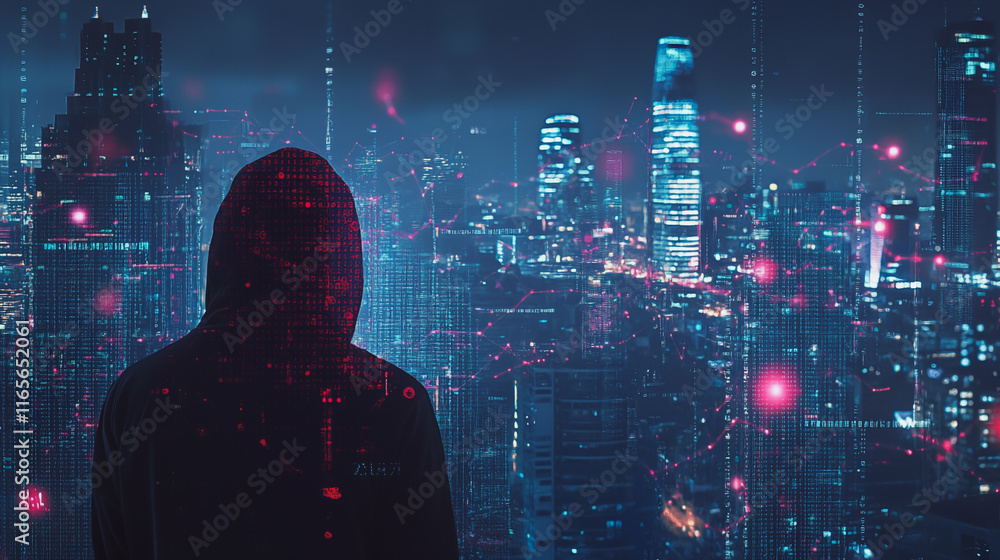 Hacker are planning to hack and attack networks and cyber security systems. Smart Innovation city with connection ffuture wireless digital city and social media networking over the sunset cityscape. Hacker are planning to hack and attack networks and cyber security systems. Smart Innovation city with connection ffuture wireless digital city and social media networking over the sunset cityscape.
