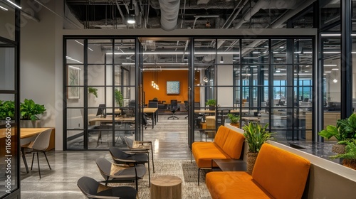 A coworking zone with dynamic  layered seating  sleek glass dividers  and a mix of industrial and natural elements.