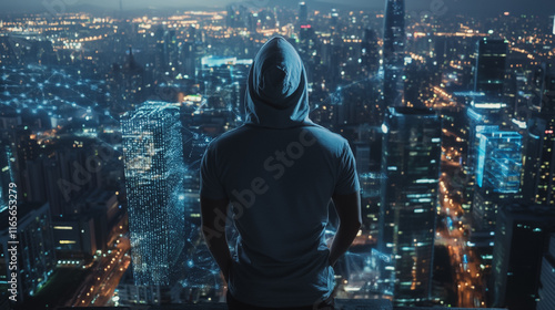 Hacker are planning to hack and attack networks and cyber security systems. Smart Innovation city with connection ffuture wireless digital city and social media networking over the sunset cityscape.	