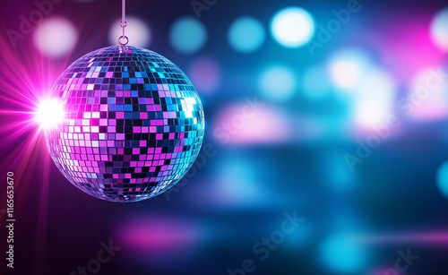 A shiny disco ball reflecting vibrant pink and blue lights, creating a dynamic and retro party atmosphere. photo