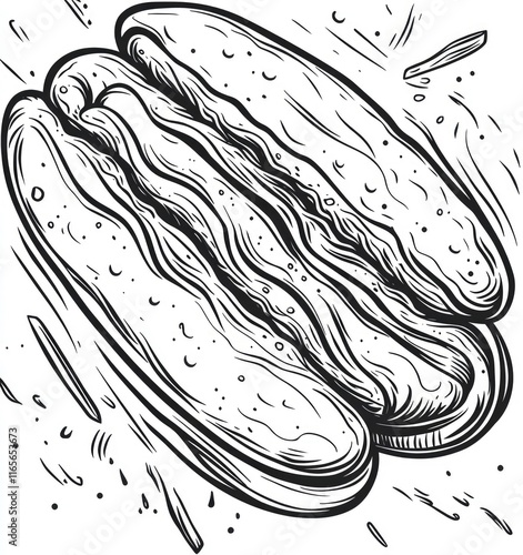 Impactful Close up of hot dog simple doodle line art, vector illustration icon, white background, no shadows, no gradient, simple lines, simple shapes, 2D flat style, minimalistic design photo