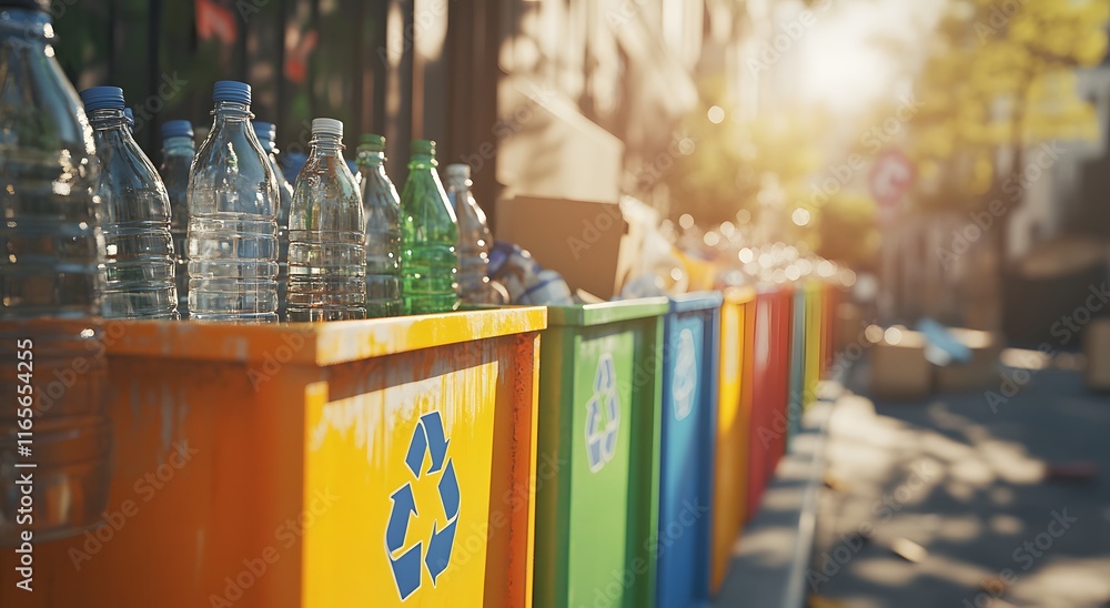 A close-up of several colorful recycling bins filled with bottles on the side of a busy city street. An effort to raise awareness among the general public to keep the environment and streets clean. A close-up of several colorful recycling bins filled with bottles on the side of a busy city street. An effort to raise awareness among the general public to keep the environment and streets clean.