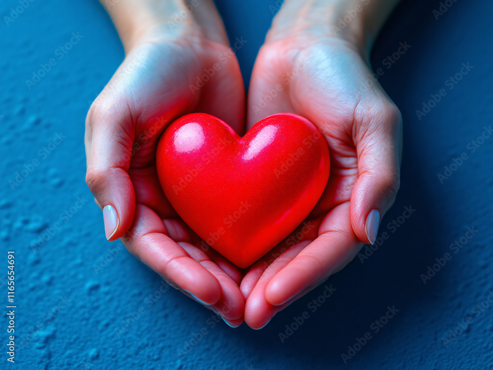 Hands holding a glowing red heart against a blue background, symbolizing love and care. Hands holding a glowing red heart against a blue background, symbolizing love and care.