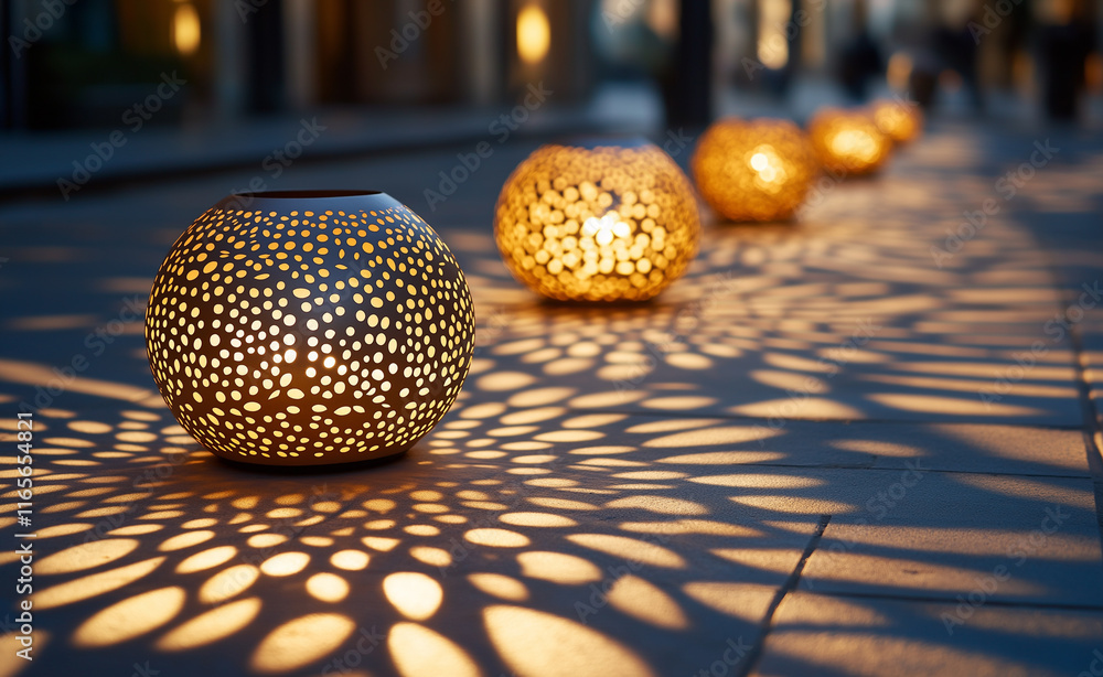 Fototapeta premium Row of intricate metal lanterns glowing warmly at sunset, creating a serene and artistic outdoor ambiance.
