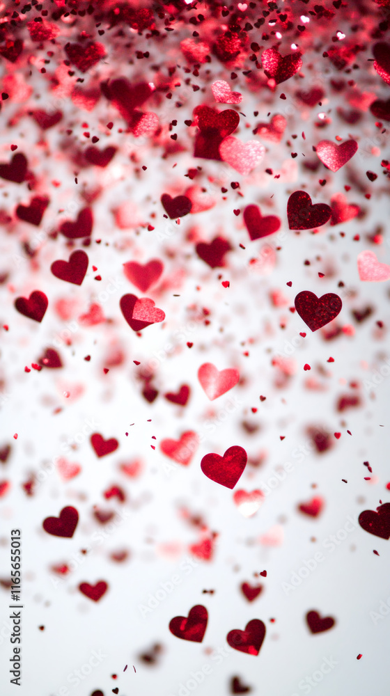 Red hearts and confetti falling on a white background, creating a romantic atmosphere for Valentine's Day Red hearts and confetti falling on a white background, creating a romantic atmosphere for Valentine's Day