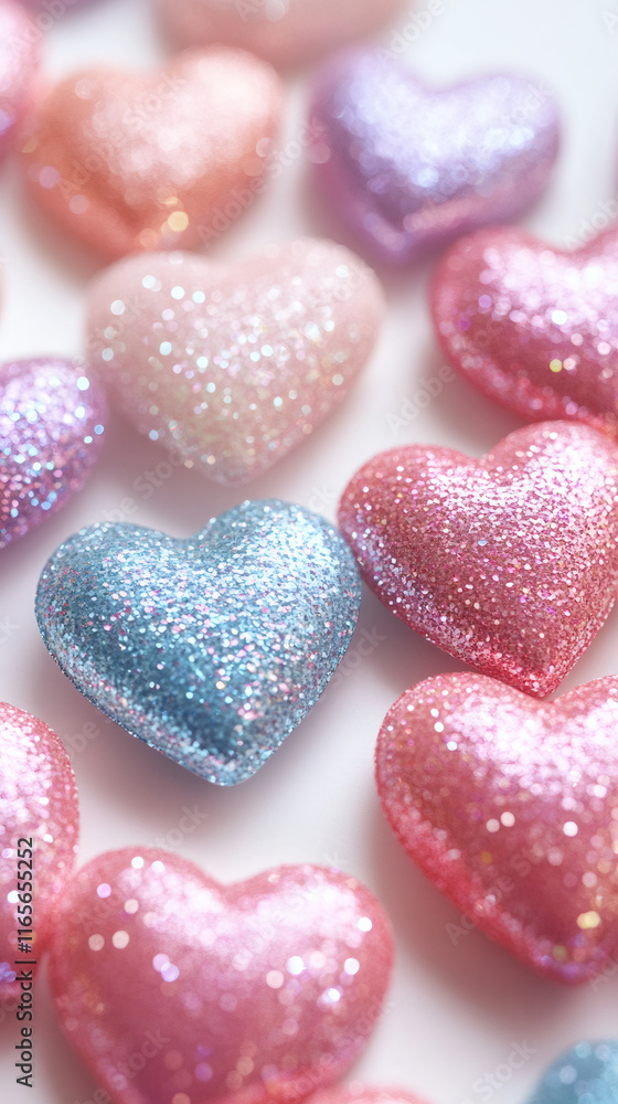 Fototapeta premium Pink and blue glittering hearts creating a romantic bokeh effect are perfect for Valentine's Day projects
