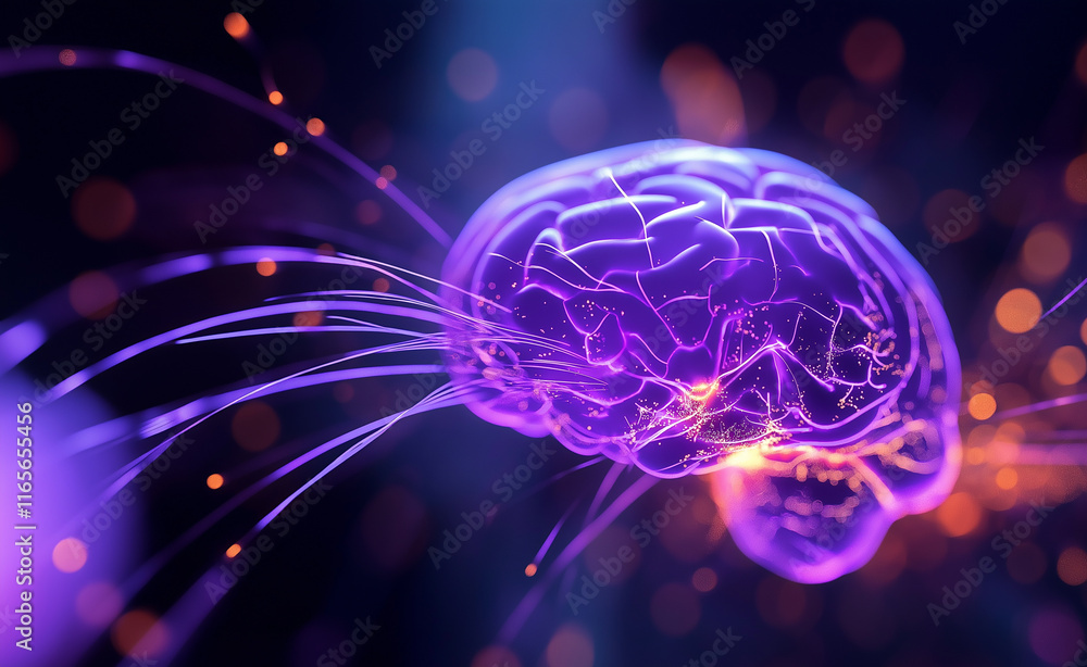 Abstract glowing brain in vivid purple and orange hues, with dynamic connections and energy, symbolizing intelligence and innovation. Abstract glowing brain in vivid purple and orange hues, with dynamic connections and energy, symbolizing intelligence and innovation.