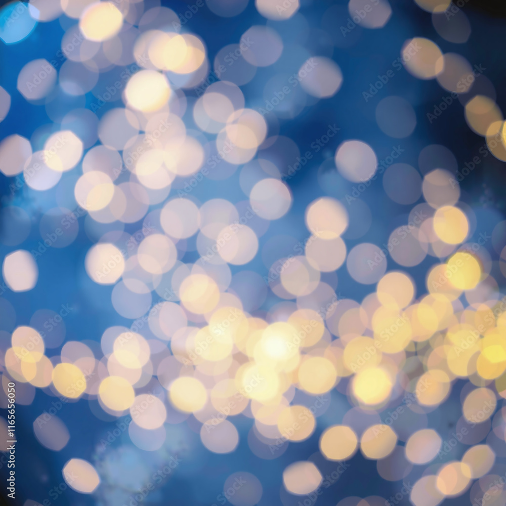 Obraz premium Abstract bokeh background with blurred white and yellow lights against a deep blue backdrop, creating a festive and dreamy atmosphere.