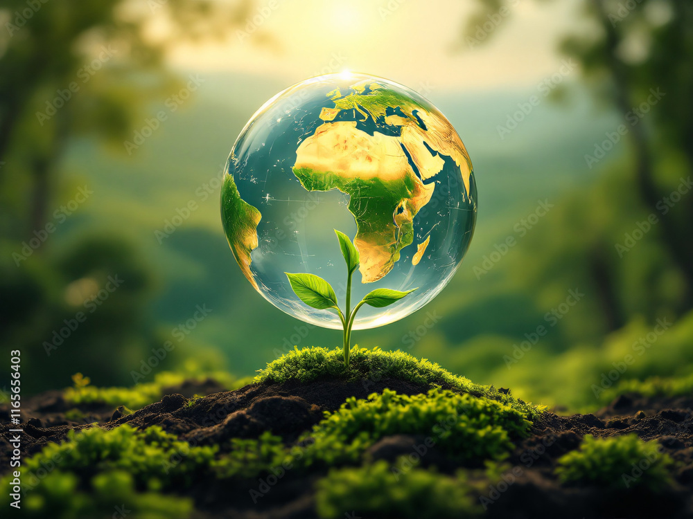 Globe with plant symbolizing environmental sustainability and growth. Globe with plant symbolizing environmental sustainability and growth.
