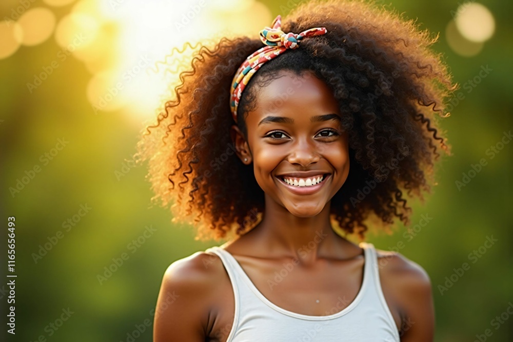 Beautiful Young African Woman Smiling in the Warm Glow of Sunset with Natural Curls Beautiful Young African Woman Smiling in the Warm Glow of Sunset with Natural Curls
