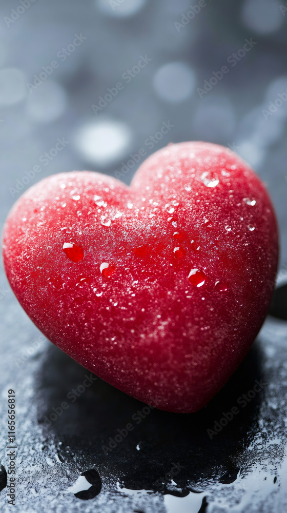 Red heart shape covered with small drops of water, resting on a dark wet surface with bokeh effect for Valentine's Day