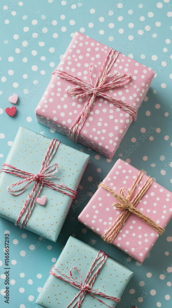 Fototapeta premium Wrapped Valentine's Day gifts on a light blue polka dot background create a festive and romantic atmosphere
