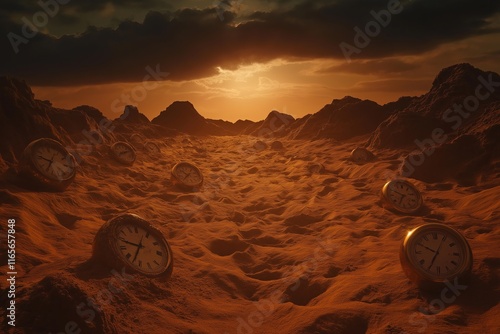 A desert where the sand is made of shimmering golden clocks melting under a blazing sun photo