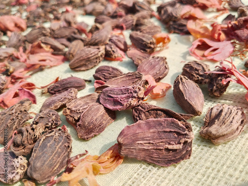 Variety of spices on bay leaf, ingredients for garam masala with Indian Chef statue, indian spice mix photo