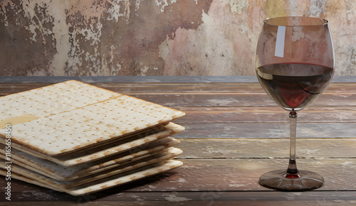 stack of matzah bread and a glass of wine on a rustic wooden table, reflecting passover symbolism and heritage photo