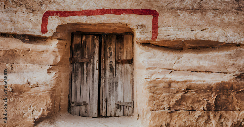 ancient doorway with red paint and matzah bread, symbolizing the historical and religious significance of passover ancient doorway with red paint and matzah bread, symbolizing the historical and religious significance of passover