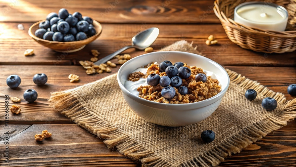 A bowl of creamy yogurt topped with crunchy granola and fresh blueberries, served on a rustic wooden table A bowl of creamy yogurt topped with crunchy granola and fresh blueberries, served on a rustic wooden table