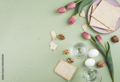 matzah bread, tulips, and candles on a light green background, celebrating passover and springtime
