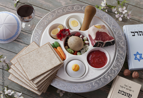 Canvas Print traditional seder plate with matzah and symbolic foods, highlighting passover cu
